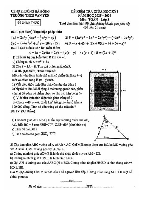 Đề thi Giữa kì 1 Toán 8 năm 2025-2026 trường THCS Văn Yên (Hà Nội)